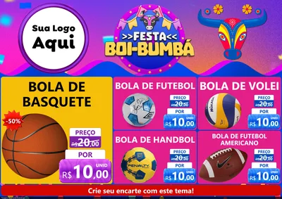 Modelo de Encarte para Encarte A4 Horizontal com o tema Festa Boi-Bumbá para Artigos Esportivos