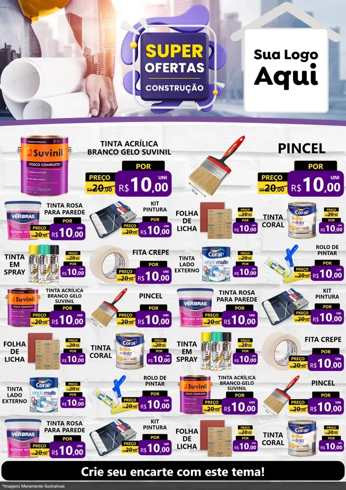 Modelo de Encarte para Encarte A4 Vertical com o tema Super Ofertas - Construção para Tintas e Ferramentas