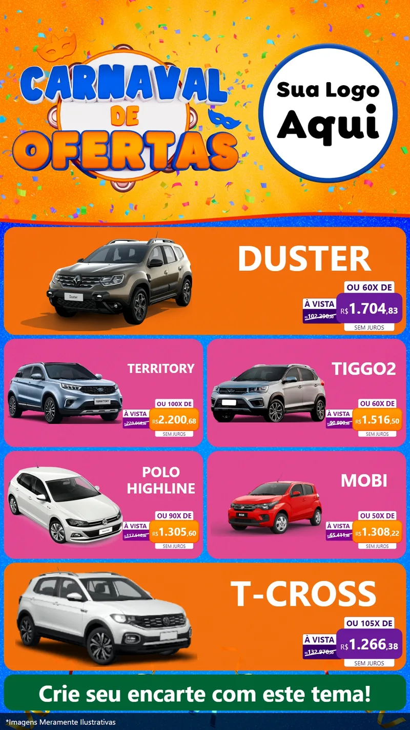 Modelo de TV para TV Vertical com o tema Carnaval de Ofertas para Concessionaria de Carros