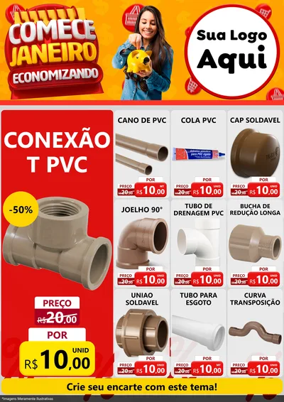 Modelo de Encarte para Encarte A4 Vertical com o tema Comece Janeiro Economizando para Tubos e conexões
