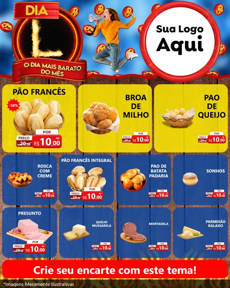Modelo de Rede Social para Feed Instagram com o tema Dia L - O Dia Mais Barato Do Mês para Padaria