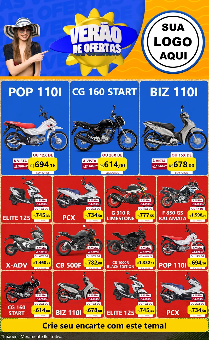 Modelo de Encarte para Encarte Grande com o tema Verão de Ofertas para Concessionaria de Motos