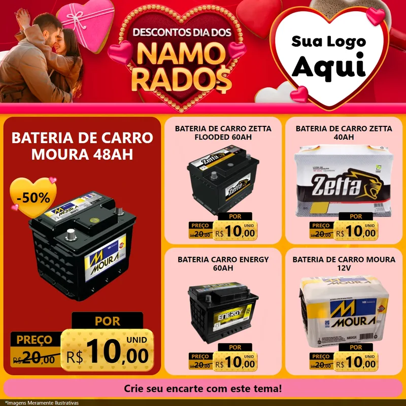 Modelo de Rede Social para Feed Facebook com o tema Descontos Dia dos Namorados para Baterias Elétricas