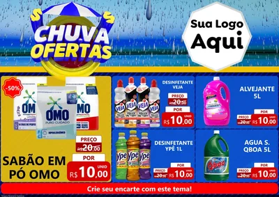 Modelo de Encarte para Encarte A4 Horizontal com o tema Chuva de Ofertas para Produtos de Limpeza