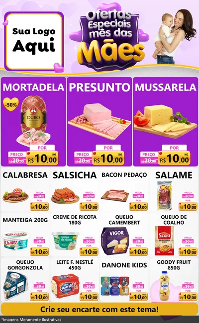 Modelo de Encarte para Encarte Grande com o tema Ofertas Especiais - Mês das Mães para Frios e Laticínios