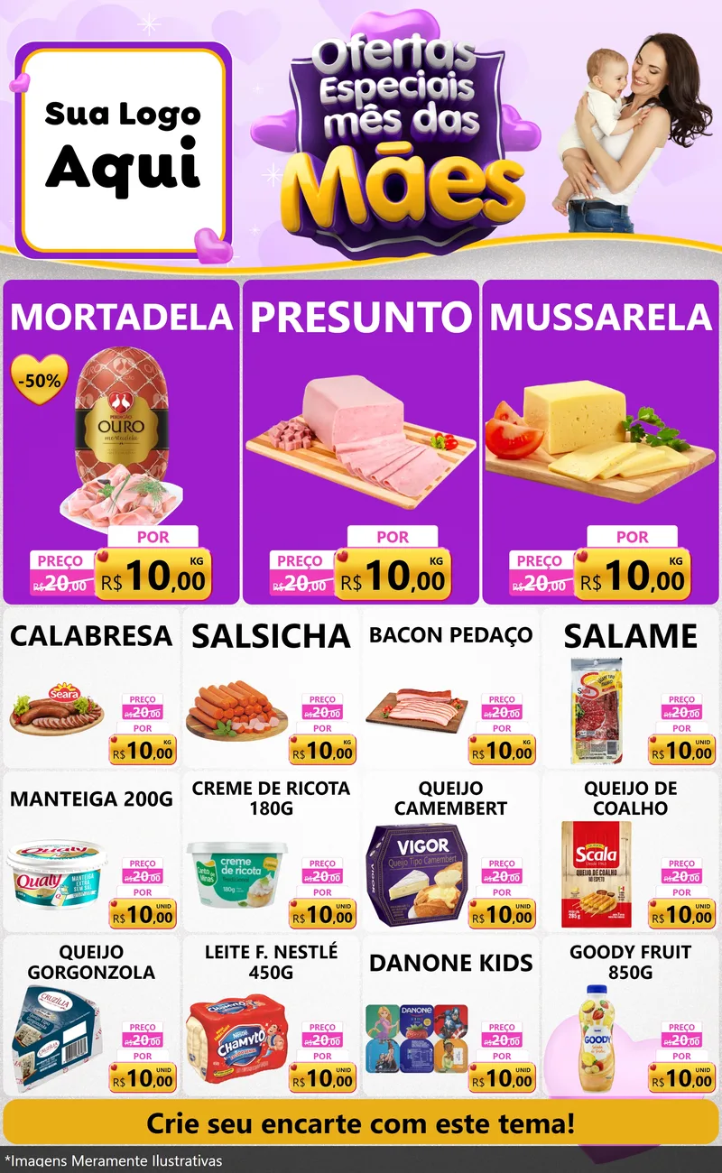 Modelo de Encarte para Encarte Grande com o tema Ofertas Especiais - Mês das Mães para Frios e Laticínios