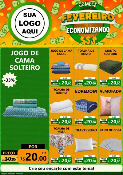 Modelo de Encarte para Encarte A4 Vertical com o tema Comece Fevereiro Economizando para Cama, Mesa e Banho