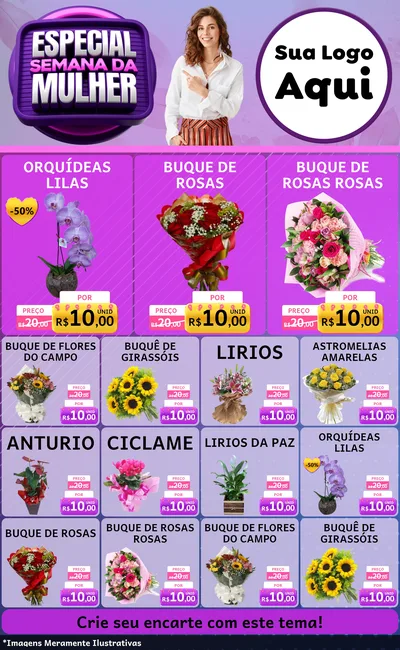 Modelo de Encarte para Encarte Grande com o tema Especial Semana da Mulher para Floricultura e jardim