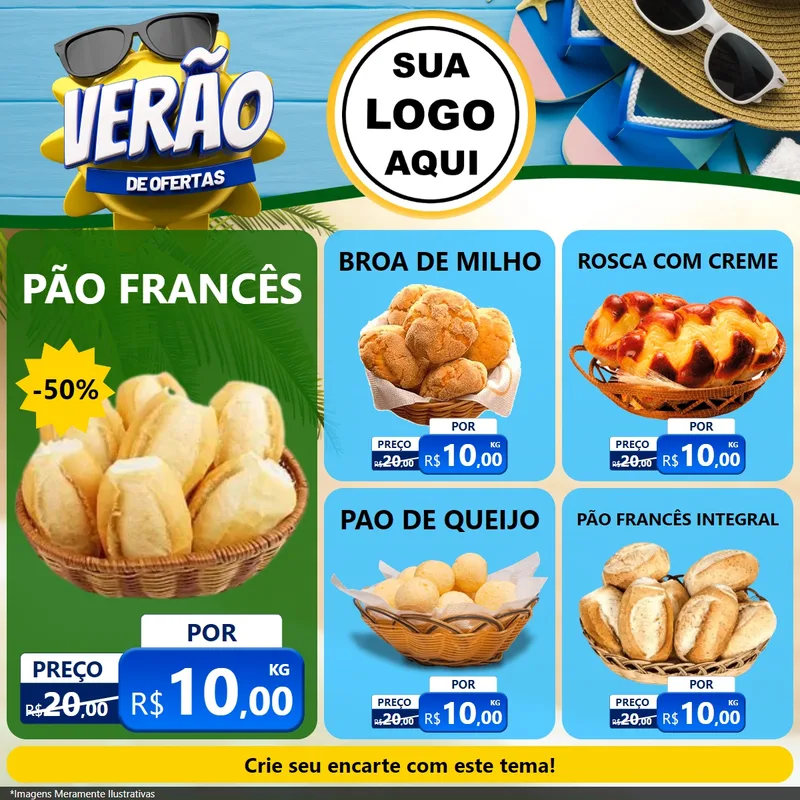 Modelo de Rede Social para Feed Facebook com o tema Verão de Ofertas para Padaria
