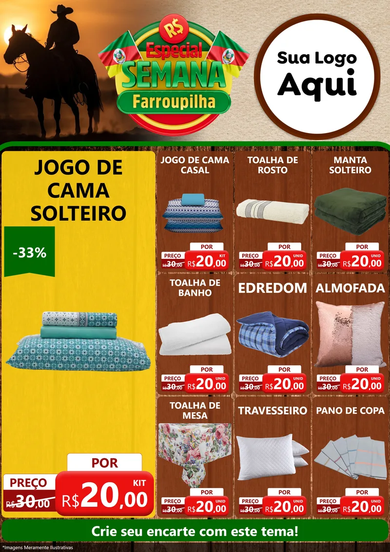 Modelo de Encarte para Encarte A4 Vertical com o tema Especial Semana Farroupilha para Cama, Mesa e Banho