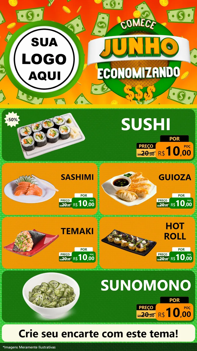 Modelo de TV para TV Vertical com o tema Comece Junho Economizando para Comida japonesa