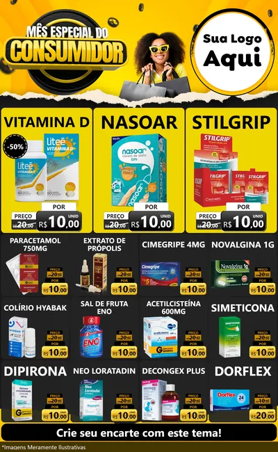 Modelo de Encarte para Encarte Grande com o tema Mês Especial do Consumidor para Farmácia