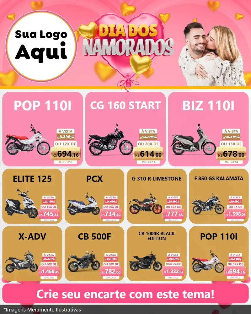 Modelo de Rede Social para Feed Instagram com o tema Dia dos Namorados para Concessionaria de Motos