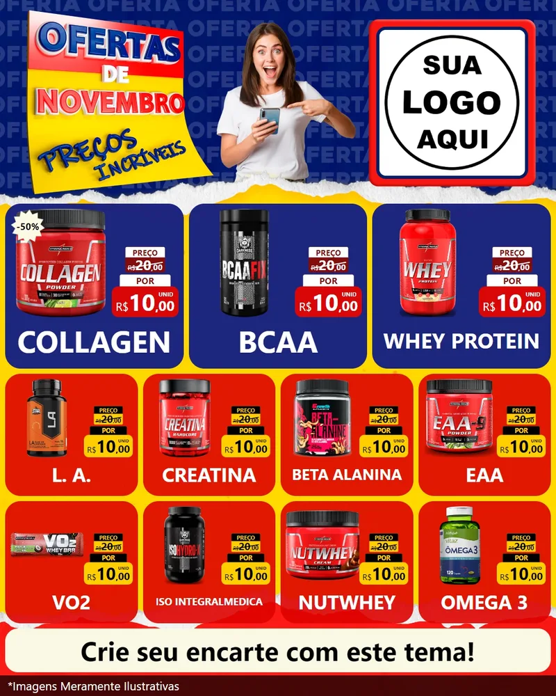 Modelo de Rede Social para Feed Instagram com o tema Ofertas de Novembro - Preços Incríveis para Suplementos alimentares