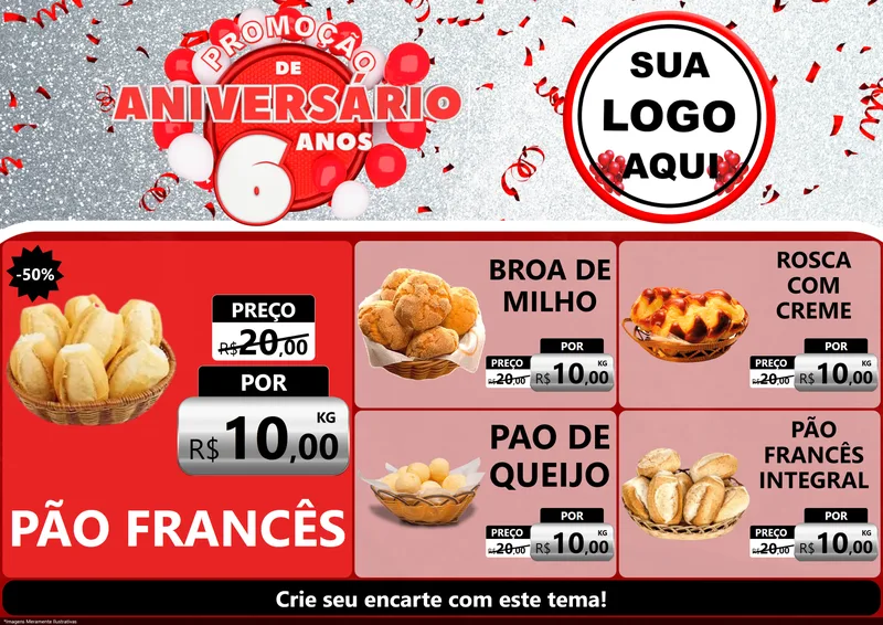 Modelo de Encarte para Encarte A4 Horizontal com o tema Promoção de Aniversário - 6 Anos para Padaria