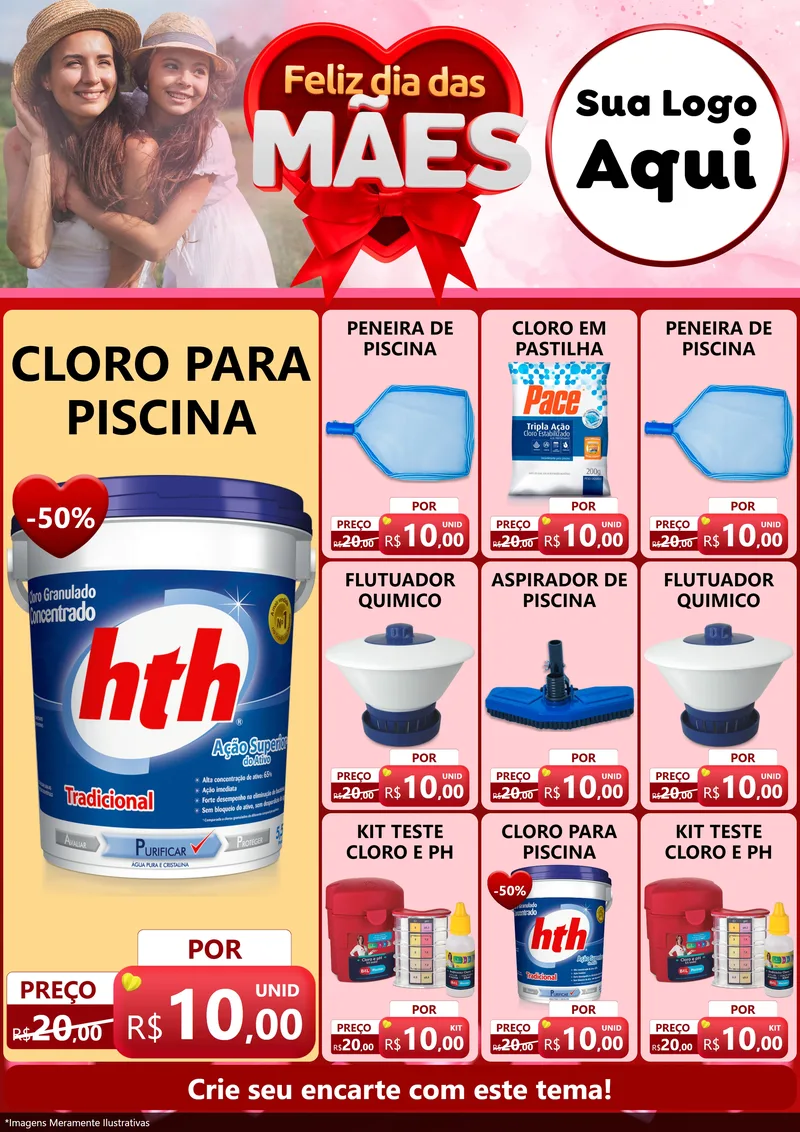 Modelo de Encarte para Encarte A4 Vertical com o tema Feliz Dia Das Mães para Produtos para Piscina