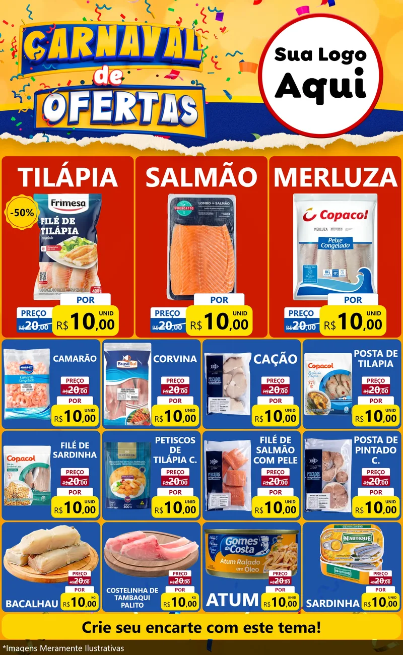 Modelo de Encarte para Encarte Grande com o tema Carnaval de Ofertas para Peixaria