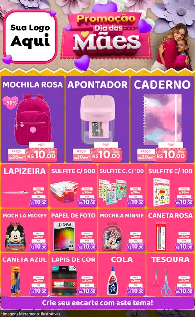 Modelo de Encarte para Encarte Grande com o tema Promoção Dia das Mães para Papelaria