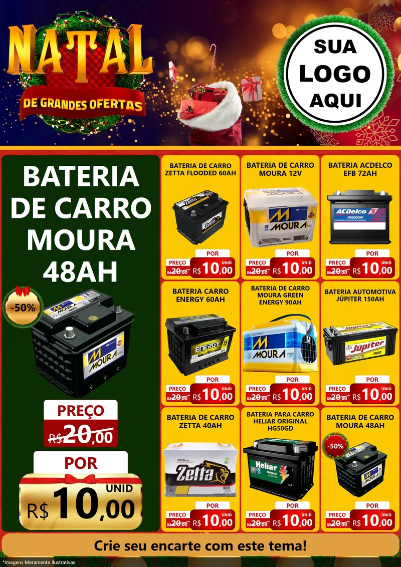 Modelo de Encarte para Encarte A4 Vertical com o tema Natal de Grandes Ofertas para Baterias Elétricas