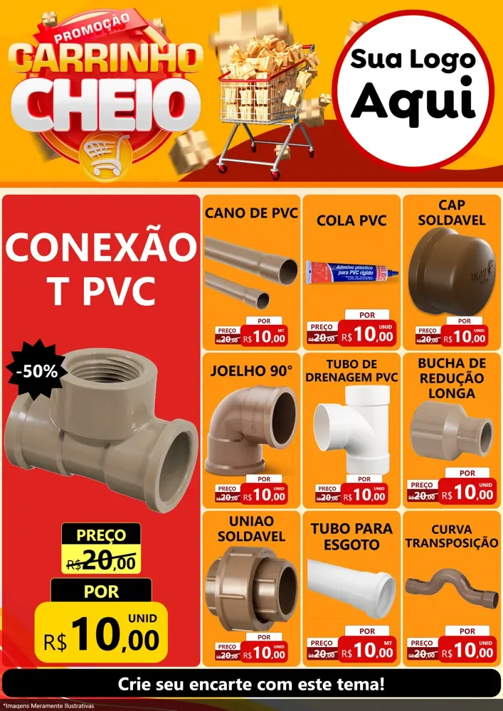 Modelo de Encarte para Encarte A4 Vertical com o tema Promoção carrinho cheio para Tubos e conexões