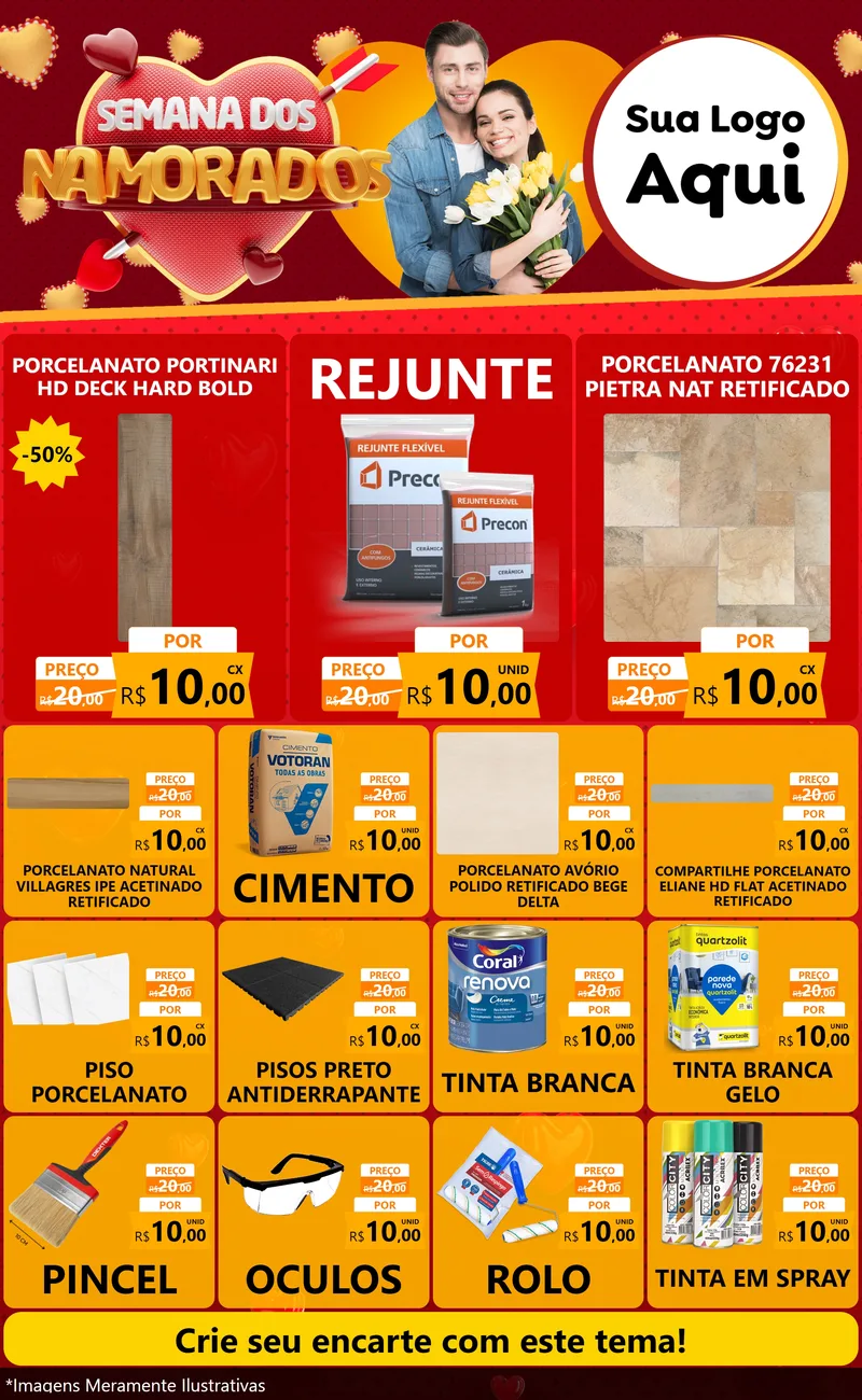 Modelo de Encarte para Encarte Grande com o tema Semana dos Namorados para Pisos e revestimentos