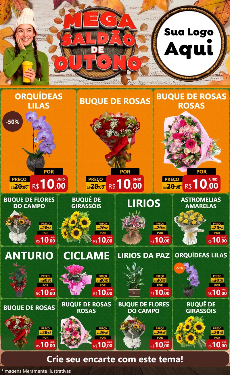 Modelo de Encarte para Encarte Grande com o tema Mega Saldão de Outono para Floricultura e jardim