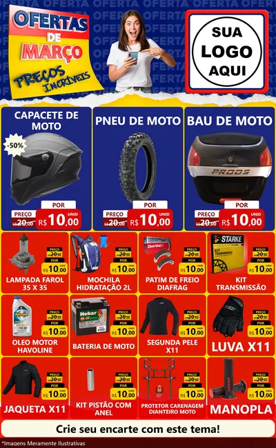 Modelo de Encarte para Encarte Grande com o tema Ofertas de Março - Preços Incríveis para Moto peças