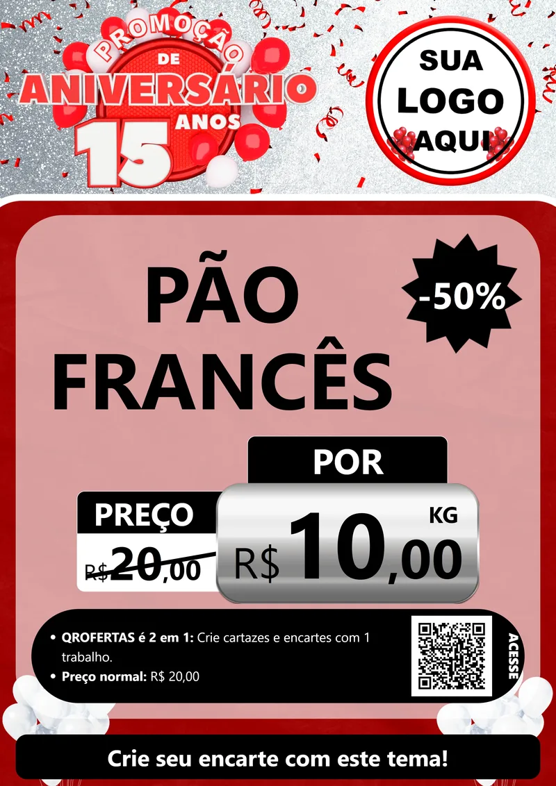 Modelo de Cartaz para Cartaz A4 Vertical com o tema Promoção de Aniversário - 15 Anos para Padaria