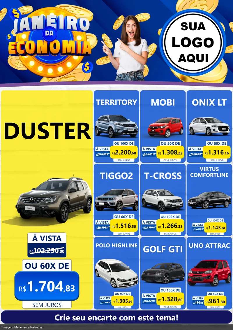 Modelo de Encarte para Encarte A4 Vertical com o tema Janeiro da Economia para Concessionaria de Carros