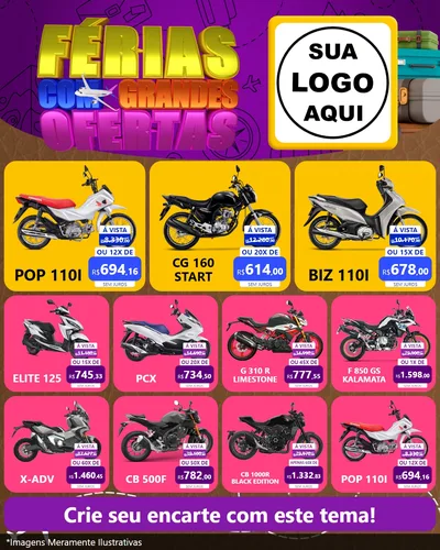 Modelo de Rede Social para Feed Instagram com o tema Férias com Grandes Ofertas para Concessionaria de Motos