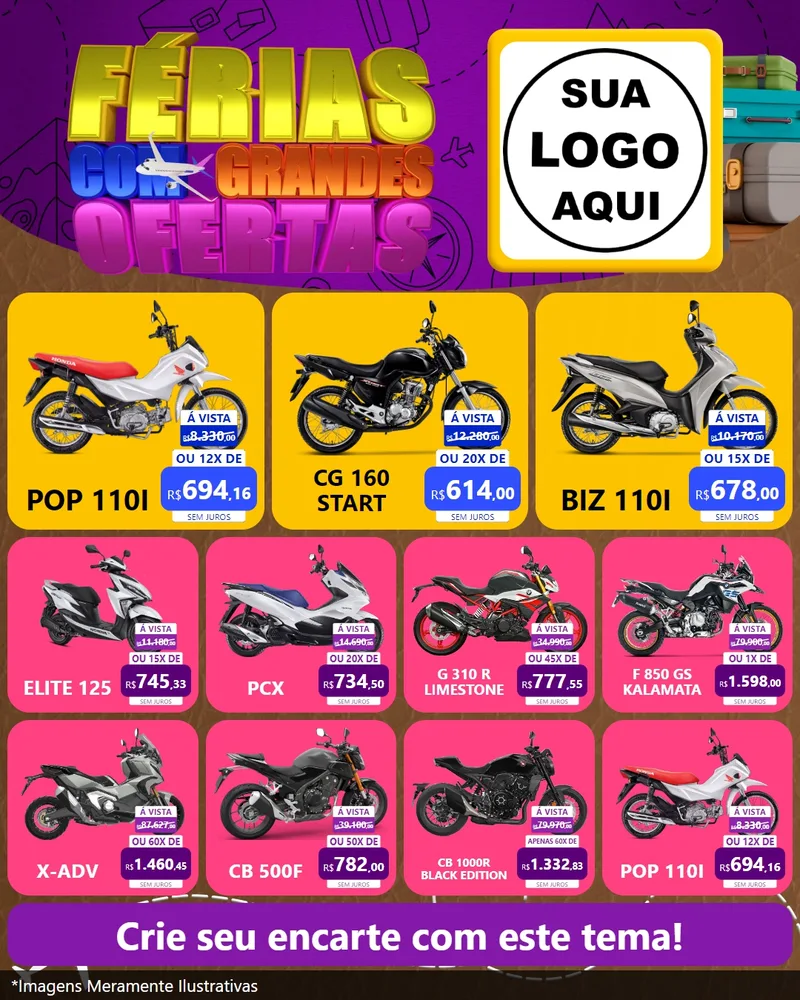 Modelo de Rede Social para Feed Instagram com o tema Férias com Grandes Ofertas para Concessionaria de Motos