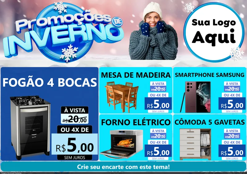 Modelo de Encarte para Encarte A4 Horizontal com o tema Promoções de Inverno para Móveis e Eletro