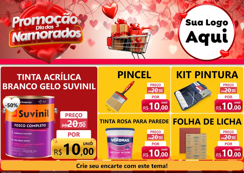 Modelo de Encarte para Encarte A4 Horizontal com o tema Promoção Dia dos Namorados para Tintas e Ferramentas