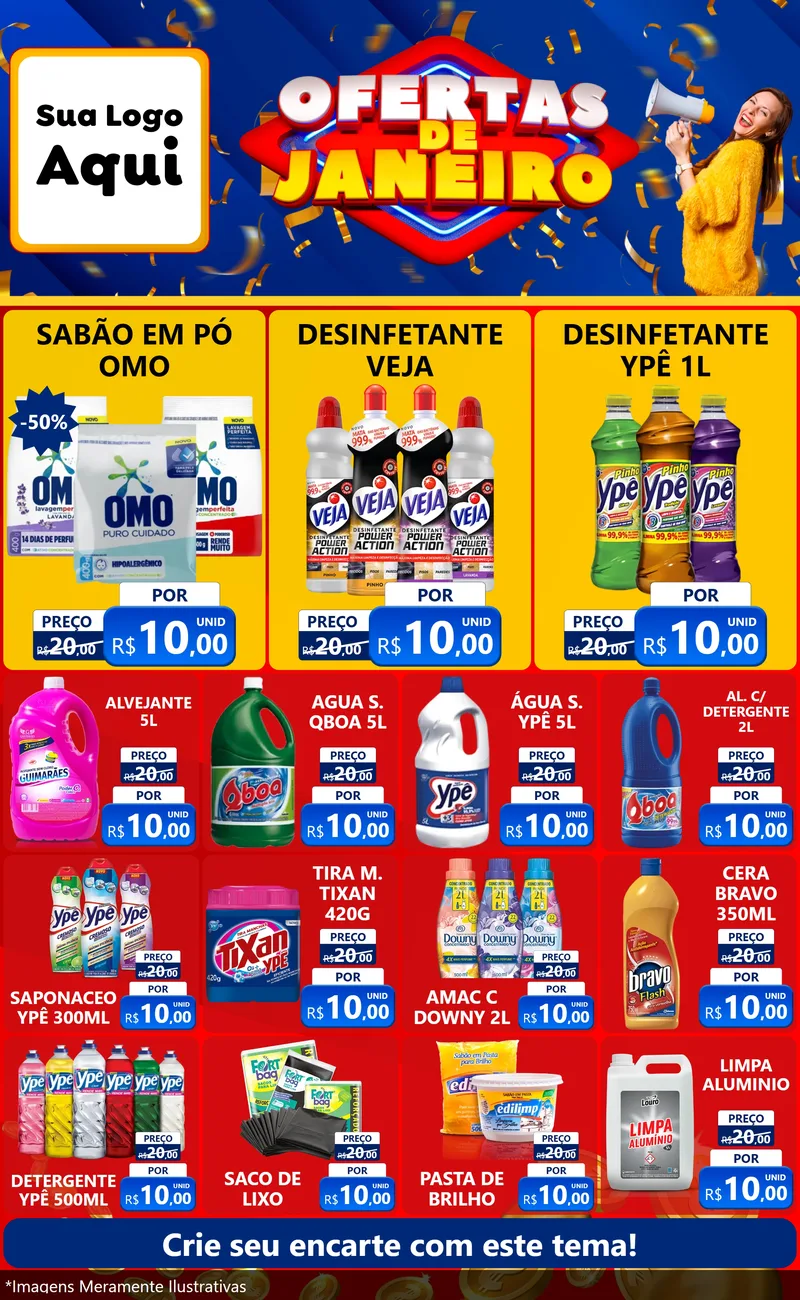 Modelo de Encarte para Encarte Grande com o tema Ofertas de Janeiro para Produtos de Limpeza