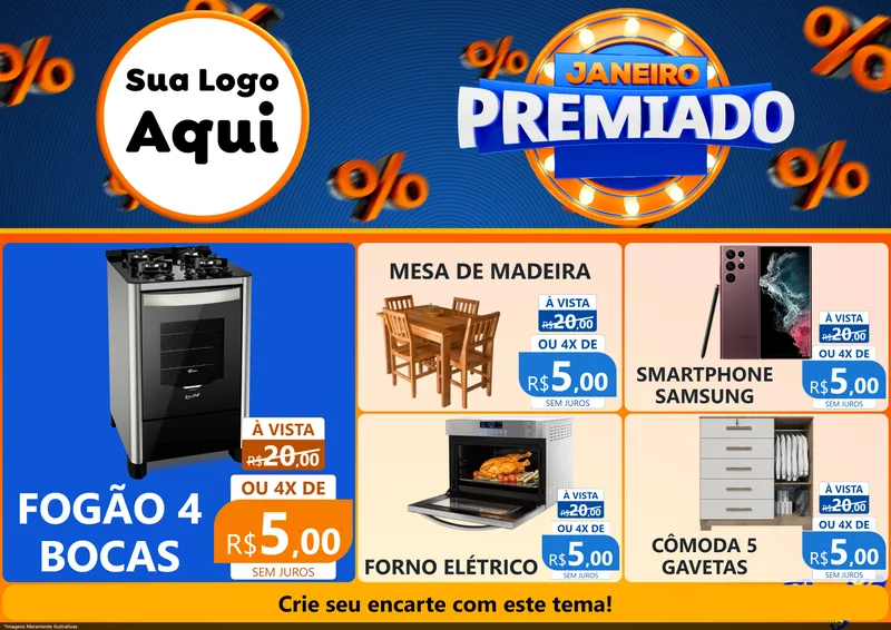 Modelo de Encarte para Encarte A4 Horizontal com o tema Janeiro Premiado para Móveis e Eletro