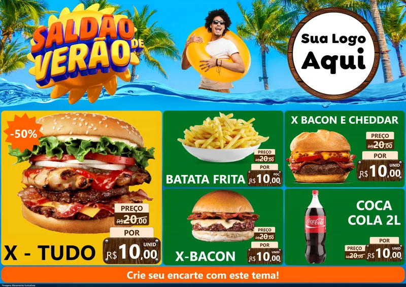 Modelo de Encarte para Encarte A4 Horizontal com o tema Saldão de Verão para Hamburgueria
