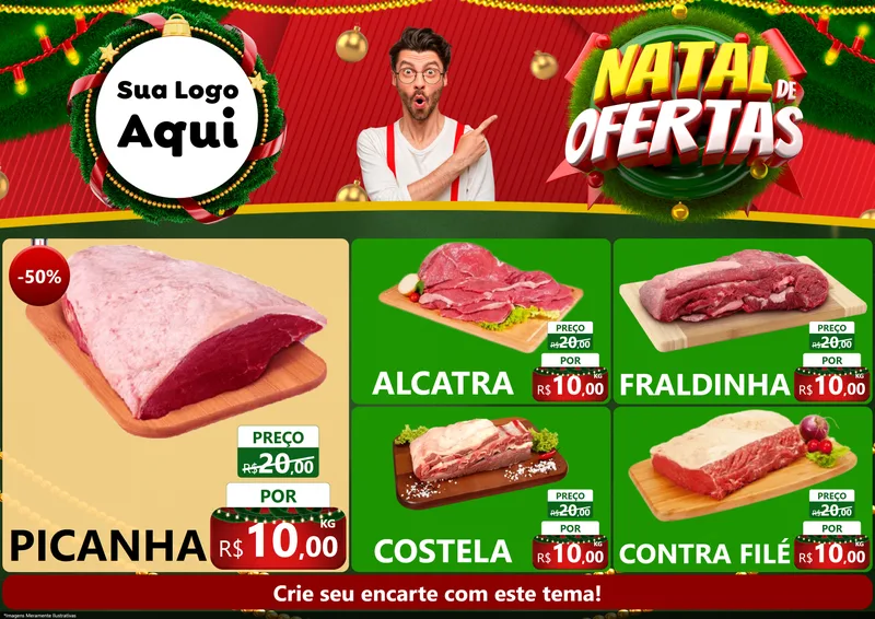 Modelo de Encarte para Encarte A4 Horizontal com o tema Natal de Ofertas para Açougue