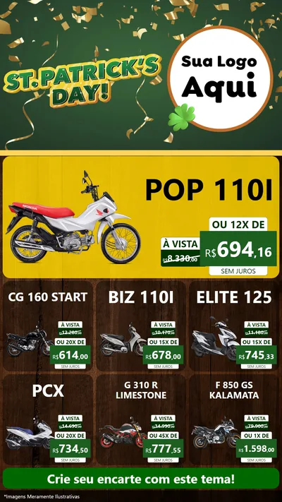 Modelo de Rede Social para Stories com o tema St Patriks Day para Concessionaria de Motos