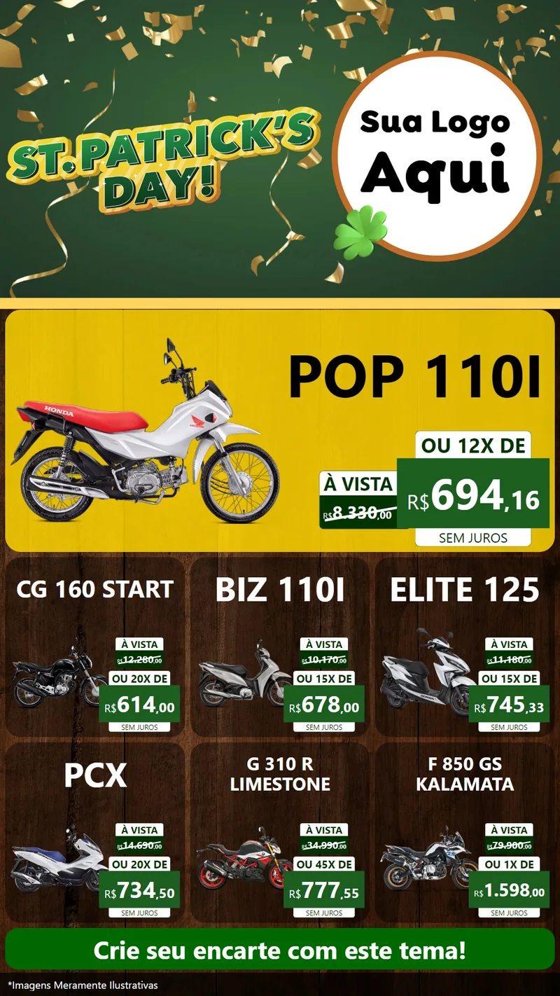 Modelo de Rede Social para Stories com o tema St Patriks Day para Concessionaria de Motos