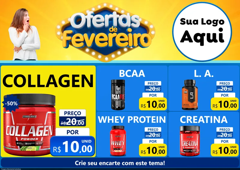 Modelo de Encarte para Encarte A4 Horizontal com o tema Ofertas de Fevereiro para Suplementos alimentares
