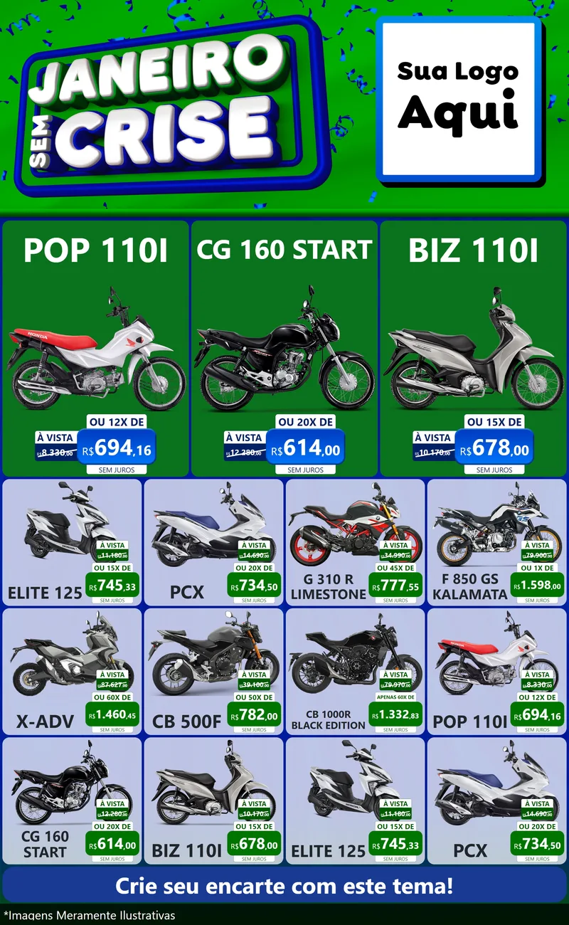 Modelo de Encarte para Encarte Grande com o tema Janeiro Sem Crise para Concessionaria de Motos