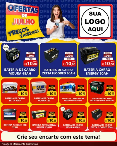 Modelo de Rede Social para Feed Instagram com o tema Ofertas de Julho - Preços Incríveis para Baterias Elétricas