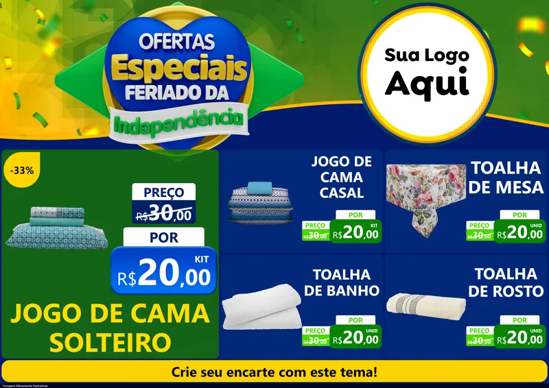 Modelo de Encarte para Encarte A4 Horizontal com o tema Ofertas Especiais Feriado da Independência para Cama, Mesa e Banho