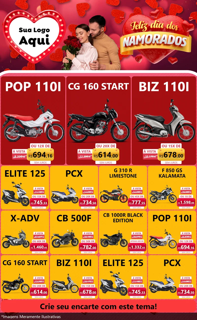 Modelo de Encarte para Encarte Grande com o tema Feliz Dia Dos Namorados para Concessionaria de Motos