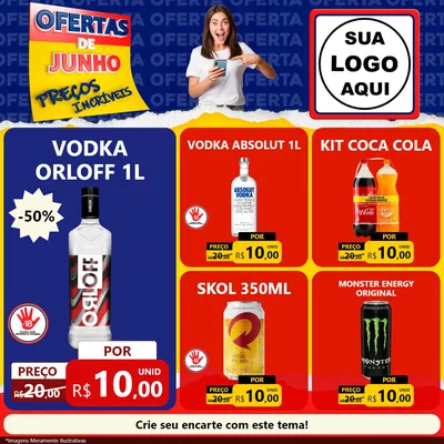 Modelo de Rede Social para Feed Facebook com o tema Ofertas de Junho - Preços Incríveis para Distribuidora de bebidas