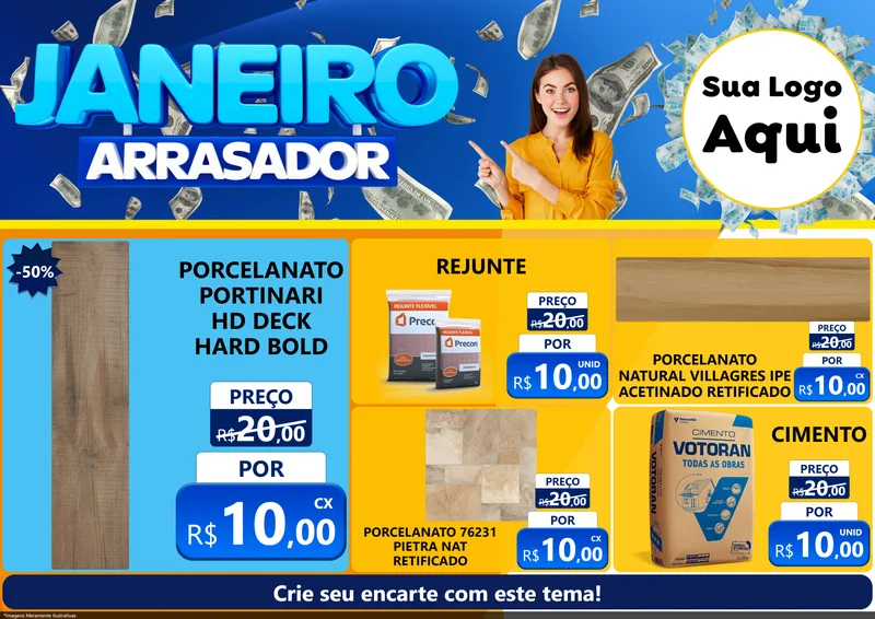 Modelo de Encarte para Encarte A4 Horizontal com o tema Janeiro Arrasador para Pisos e revestimentos