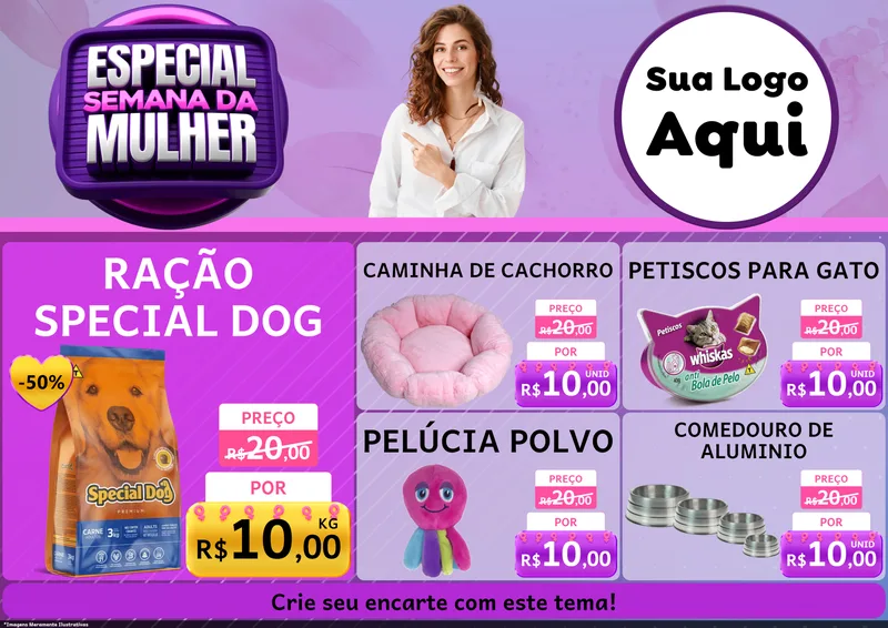 Modelo de Encarte para Encarte A4 Horizontal com o tema Especial Semana da Mulher para Pet Shop