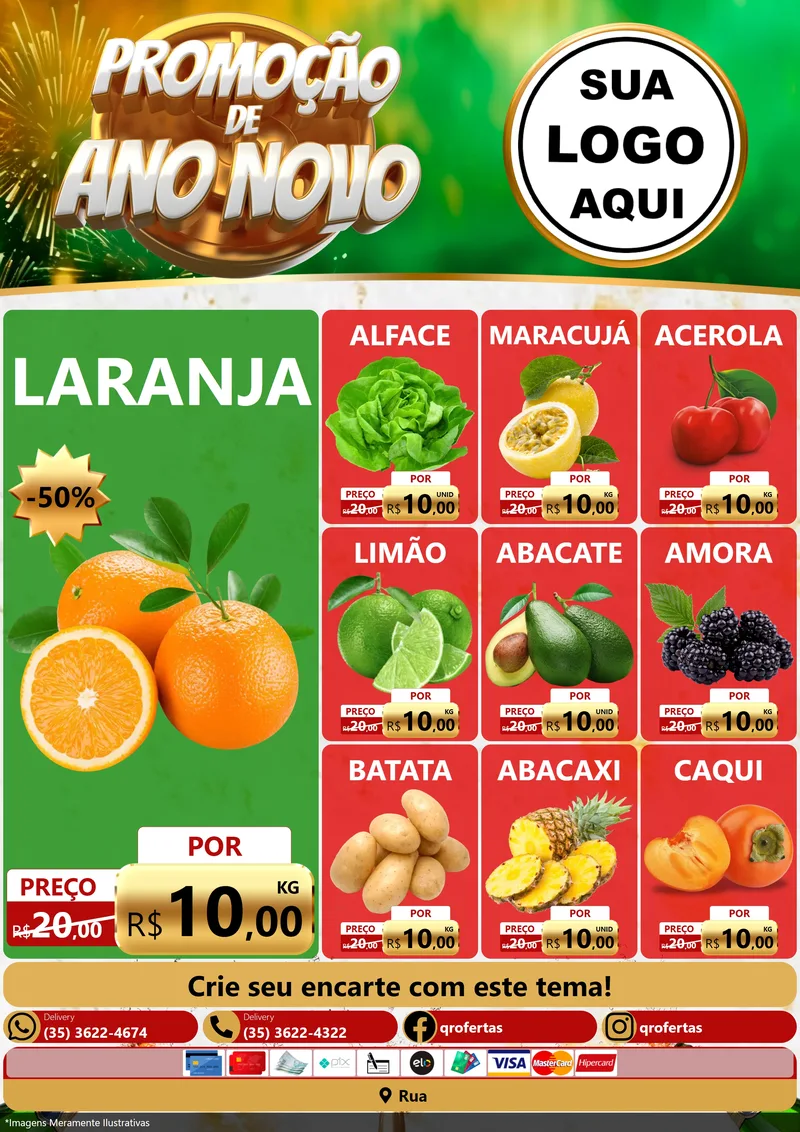 Modelo de Encarte para Encarte A4 Vertical com o tema Promoção de Ano Novo para Hortifrúti