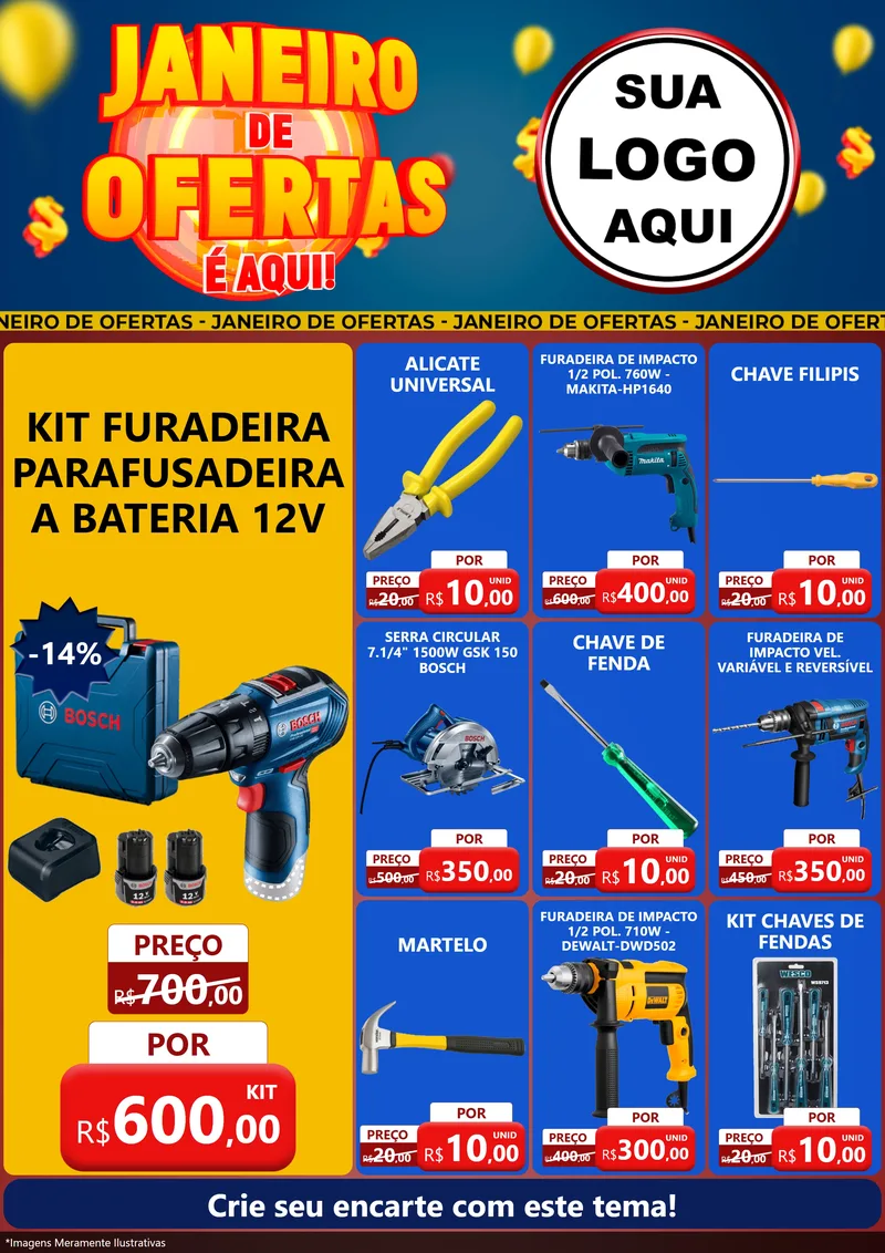 Modelo de Encarte para Encarte A4 Vertical com o tema Janeiro de Ofertas É Aqui! para Maquinas e Ferramentas
