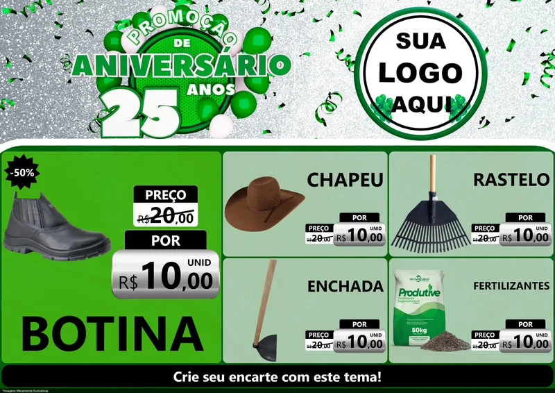 Modelo de Encarte para Encarte A4 Horizontal com o tema Promoção de Aniversário - 25 Anos para Agropecuária